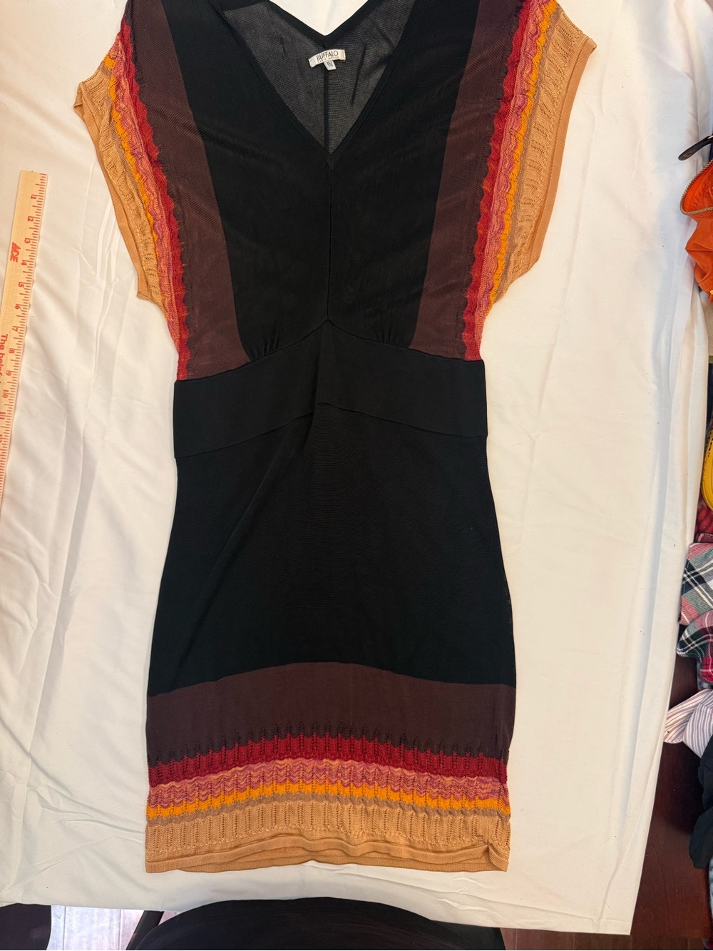 Buffalo David Bitton Black Mini Dress with Burgundy, Rust & Mustard Stripes